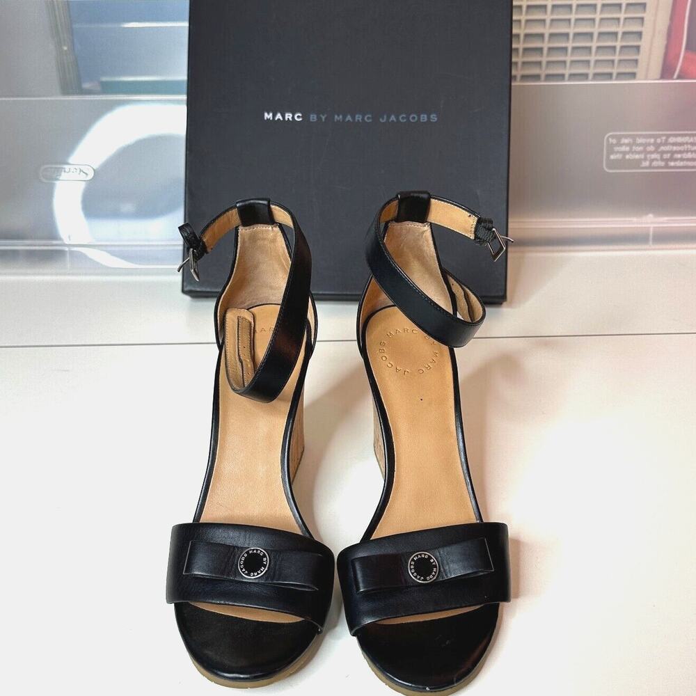 Marc by Marc Jacobs Black Leather & Cork Wedge Ankle Strap Sandals Silver 7.5 - Picture 2 of 11
